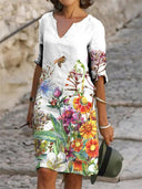 Chic V-Neck Spring Dress with Three-Quarter Sleeves