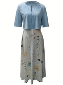 Chic Floral Dress Set with Round Neck Crop Top