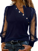 Asymmetrical Neckline Blouse with Mesh Sleeves