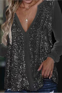 Sequin V-Neck Blouse with Long Sleeves