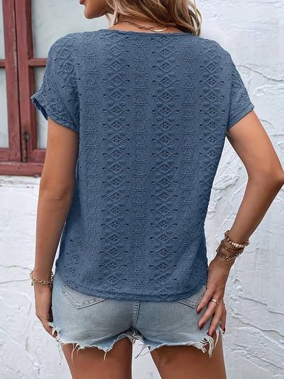 Notched Neckline T-Shirt with Eyelet Embroidery
