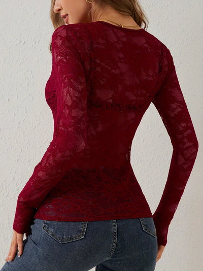 Chic V-Neck Lace Long Sleeve Top
