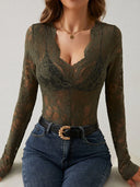 Chic V-Neck Lace Long Sleeve Top