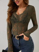 Chic V-Neck Lace Long Sleeve Top