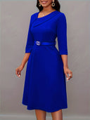 Asymmetrical Neck Belt 3/4 Sleeve Dress - Year-Round Style