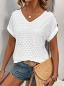 V-Neck T-Shirt with Eyelet Button Accents