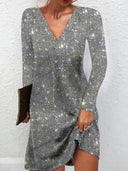 Chic Long Sleeve Silver Mini Dress