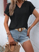 Notched Neckline T-Shirt with Eyelet Embroidery