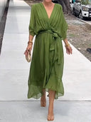 Chic Green V-Neck Chiffon Dress for Women