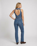Chic Women's Denim Jumpsuit with Heart Neckline & Back Cutout