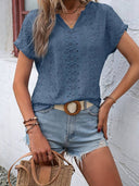 Notched Neckline T-Shirt with Eyelet Embroidery