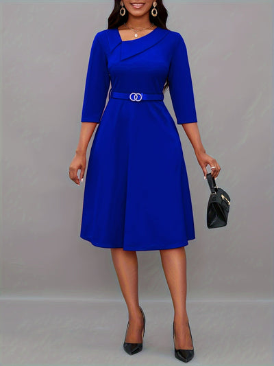 Asymmetrical Neck Belt 3/4 Sleeve Dress - Year-Round Style