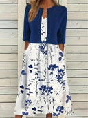 Chic Floral Dress Set with Round Neck Crop Top