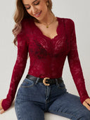 Chic V-Neck Lace Long Sleeve Top