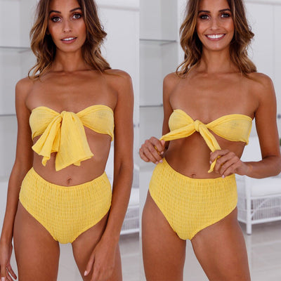 Textured Women's Bandeau Bikini with Wide Bow Design