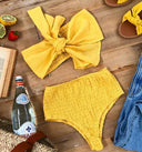 Textured Women's Bandeau Bikini with Wide Bow Design