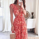 Floral Maxi Dress with Ruffle Sleeves & Cut-Out Design