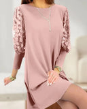 Solid Color Dress with Round Neckline & Puff Sleeves