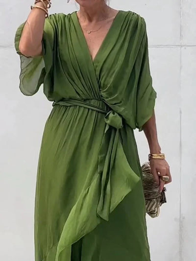 Chic Green V-Neck Chiffon Dress for Women