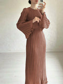 Chic Long Sleeve Pleated Maxi Dress