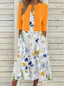 Chic Floral Dress Set with Round Neck Crop Top