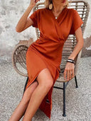 Chic V-Neck Midi Dress with Slit
