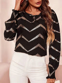 Chic Herringbone Print Round Neck Blouse