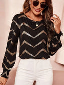 Chic Herringbone Print Round Neck Blouse