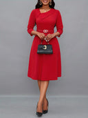 Asymmetrical Neck Belt 3/4 Sleeve Dress - Year-Round Style