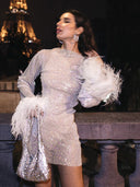 Shiny Evening Dress with Mesh Accents for Women