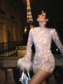 Shiny Evening Dress with Mesh Accents for Women