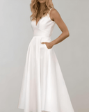 Minimalist White Wedding Dress with Deep V-Neck and Pockets
