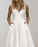 Minimalist White Wedding Dress with Deep V-Neck and Pockets