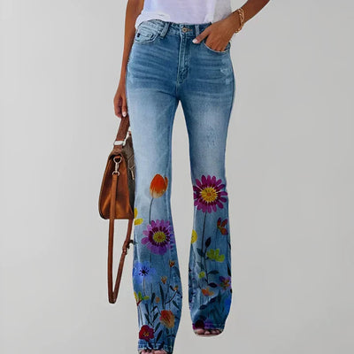 Floral Print Straight Leg Jeans for Women
