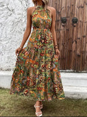 Vintage-Inspired Women's Retro Maxi Halterneck Dress