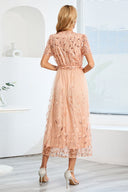 Sequin-Embellished Short-Sleeve Mesh Dress