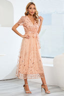 Sequin-Embellished Short-Sleeve Mesh Dress