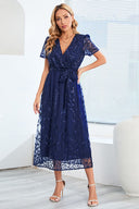 Sequin-Embellished Short-Sleeve Mesh Dress