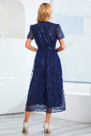 Sequin-Embellished Short-Sleeve Mesh Dress