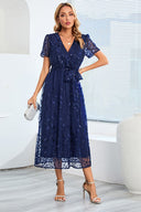 Sequin-Embellished Short-Sleeve Mesh Dress