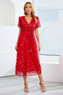 Sequin-Embellished Short-Sleeve Mesh Dress