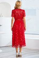 Sequin-Embellished Short-Sleeve Mesh Dress
