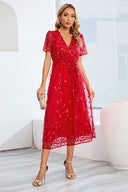 Sequin-Embellished Short-Sleeve Mesh Dress