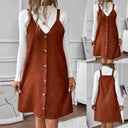 Chic V-Neck Cord Dress with Straps & Buttons
