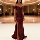 Sequined Off-Shoulder Evening Dress with Slit