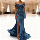 Sequined Off-Shoulder Evening Dress with Slit