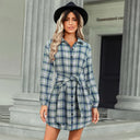 Chic Checked Shirt Dress with Belt and Button Accents