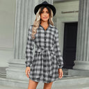 Chic Checked Shirt Dress with Belt and Button Accents