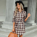 Chic Checked Shirt Dress with Belt and Button Accents