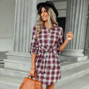 Chic Checked Shirt Dress with Belt and Button Accents